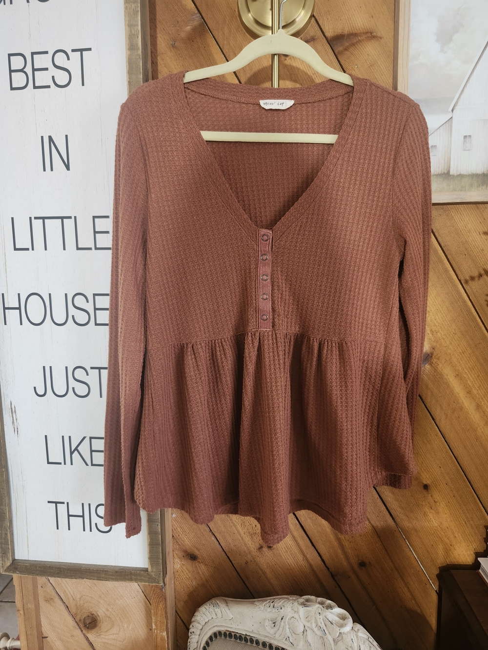 New In Rust Brown Waffle Knit Babydoll Henley Top Long Sleeve Boho V Neck Sz S - Picture 2 of 6